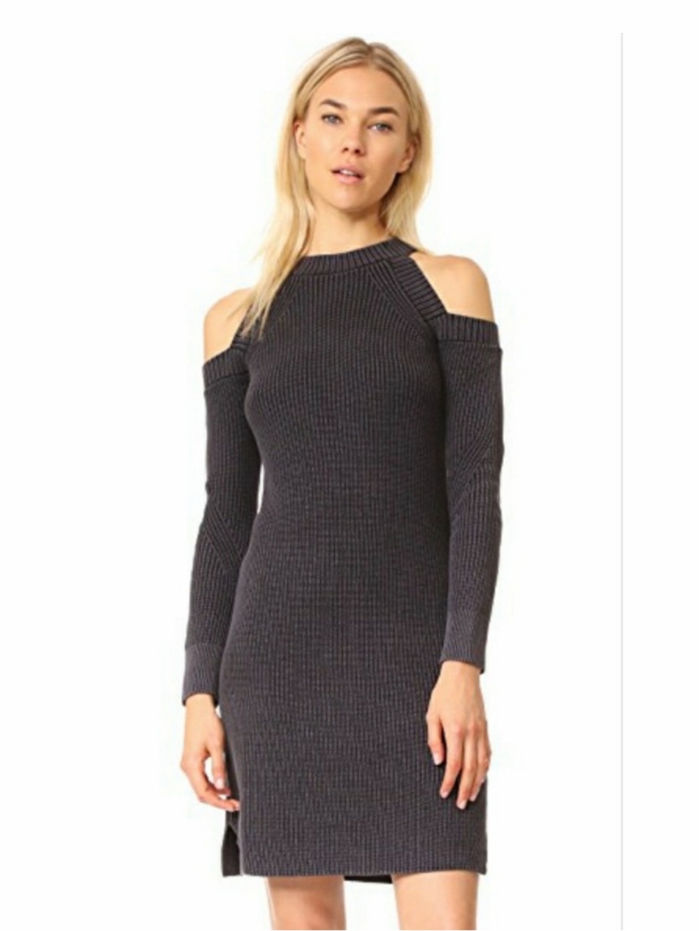 Rag & Bone 100% Cotton Cold-Shoulder Ribbed Knit Dress Charcoal
